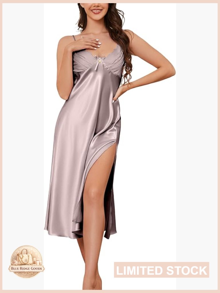 Silk Satin Slip Nightgown Long Backless V Neck Lace Trim Adjustable Spaghetti